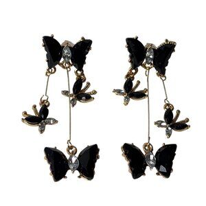 Butterfly Dangle Earrings Black Clear Rhinestone Accents Goldtone 2 inches